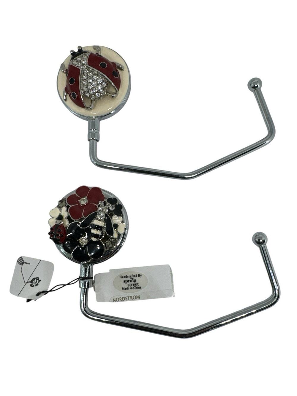 LOT OF 2 BLING LADYBUG PURSE BAG HOOK HOLDERS FOLDING HANDBAG TABLE HANGERS